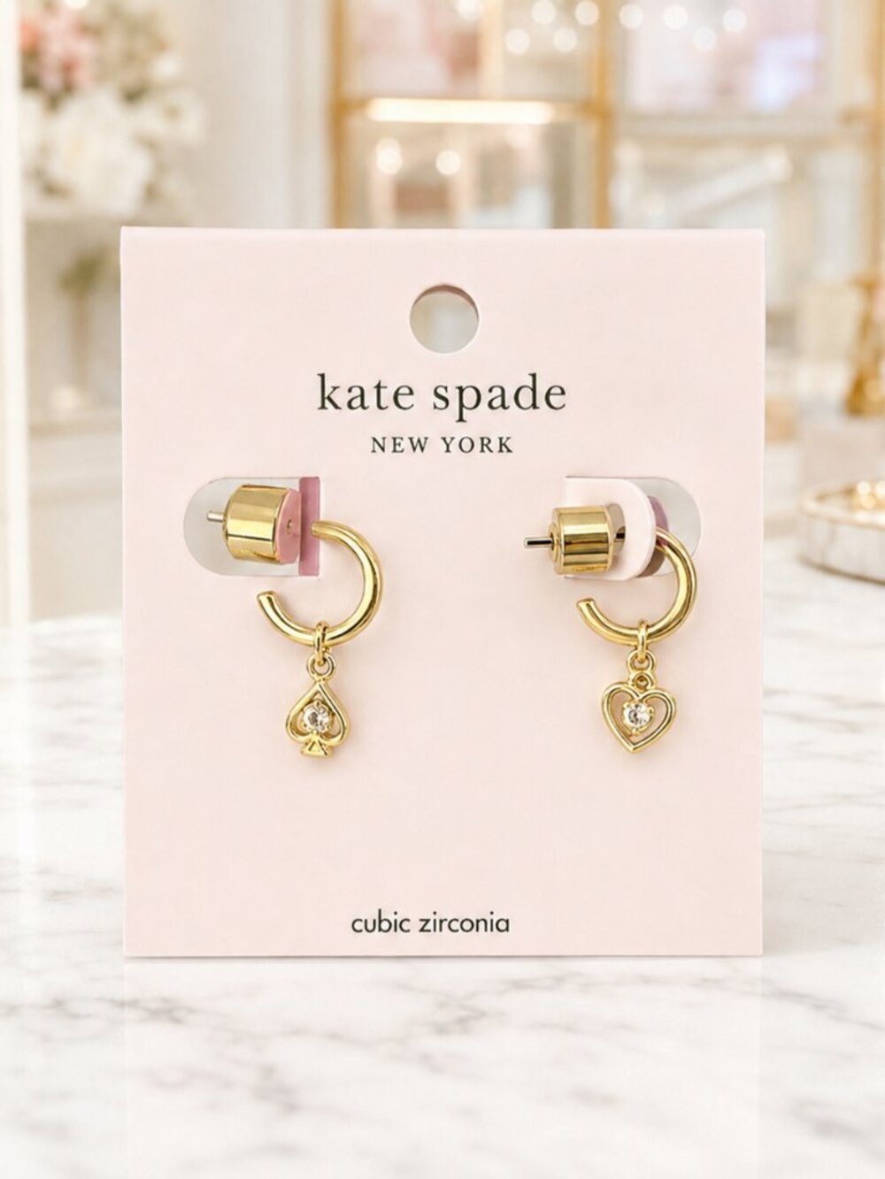 Kate Spade Heart Spade Asymmetrical Gold CZ Huggie Hoop Earrings NWT